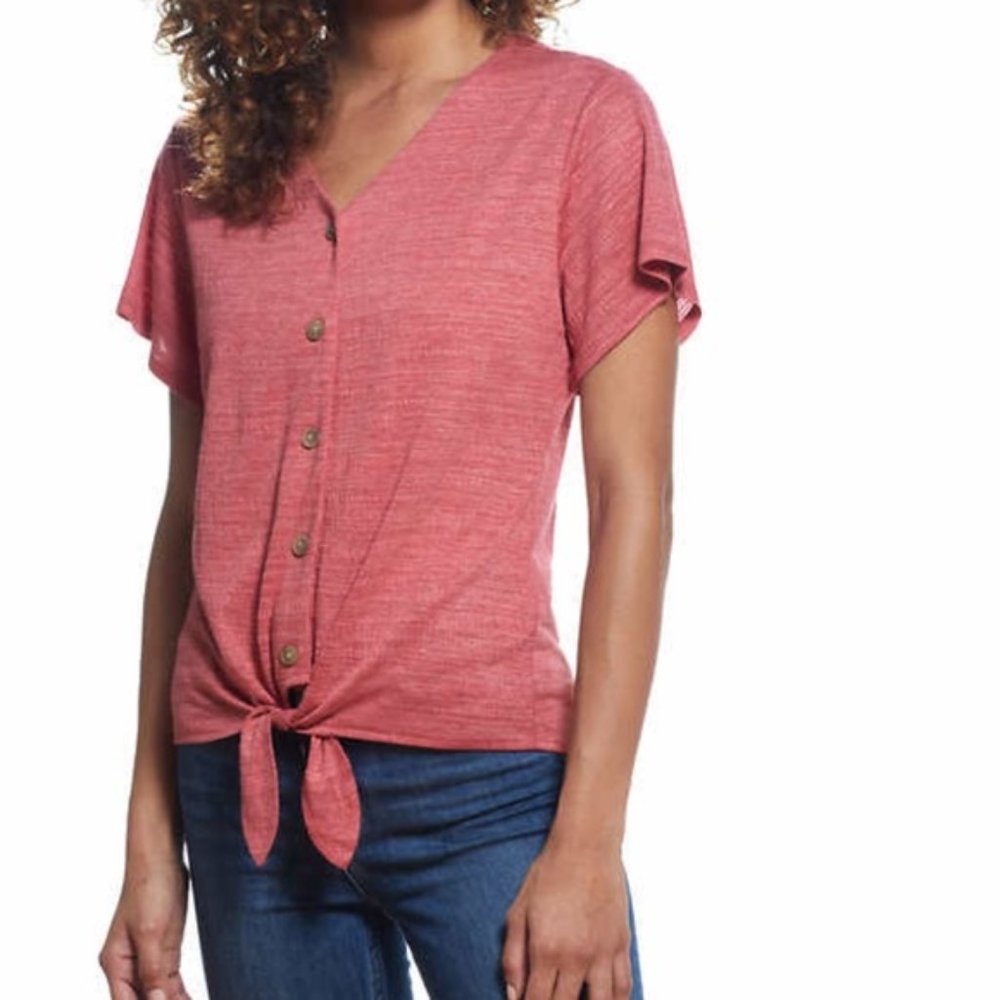 NWT Weatherproof Vintage Women's Tie Front Top Cherry Heather Size S $45 1B032